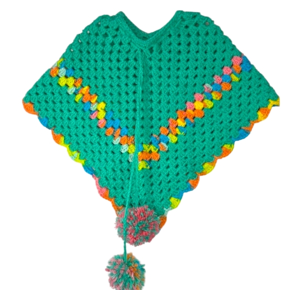 Handmade vibrant green crochet poncho adorned with pom-poms. - Picture 1 of 13